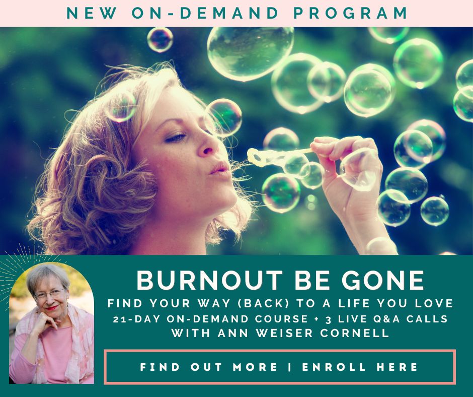 Burnout Course with Ann Weiser Cornell - Happy woman blowing bubbles