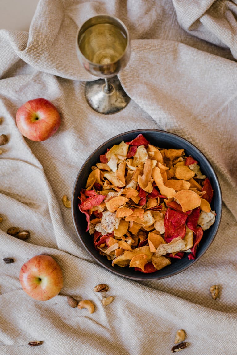 Top View of a Bowl of Fruit Chips