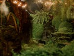 A serene tropical forest setting enhanced by string lights, showcasing verdant greenery and foliage.